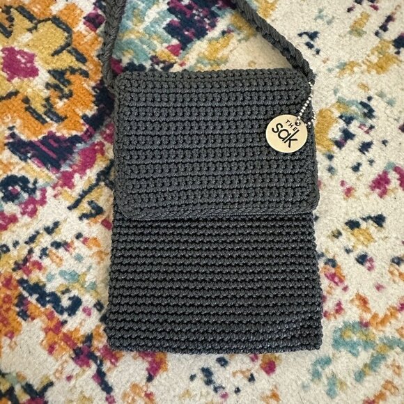 The Sak Crochet Crossbody Bag Boho Beach Vacation Travel Zip Top Flap Cover Gray - Picture 2 of 7